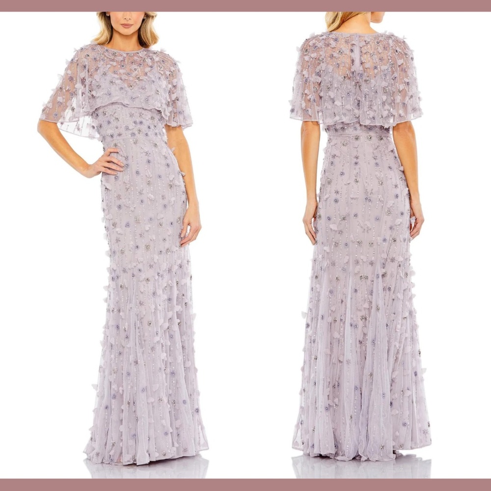 NWT $698 Mac Duggal [ 10‎ ] Embellished Cape Sleeve Trumpet Gown in Lilac Purple